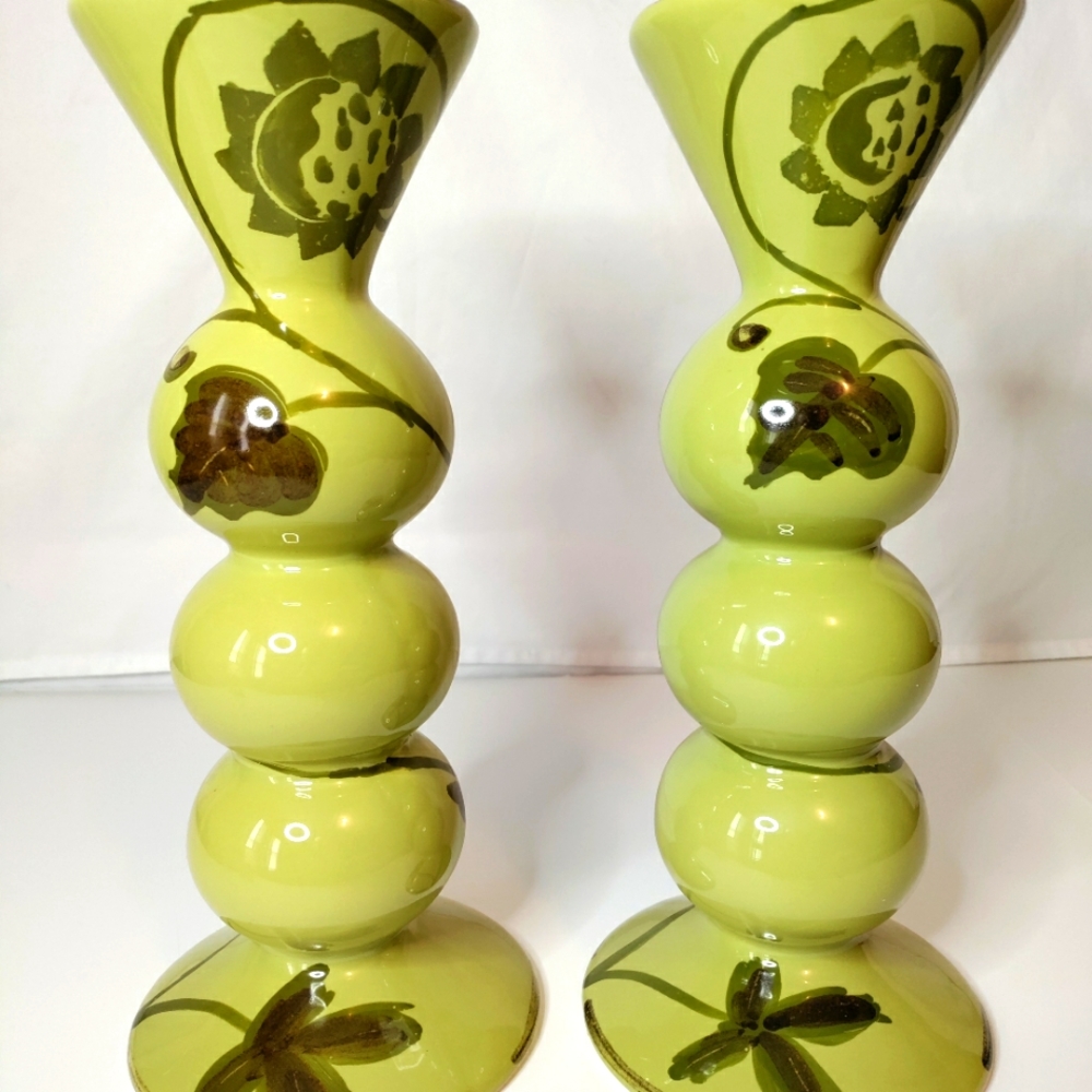 ANTHROPOLOGIE  Green Floral Candle Holder Stoneware 13"Tall